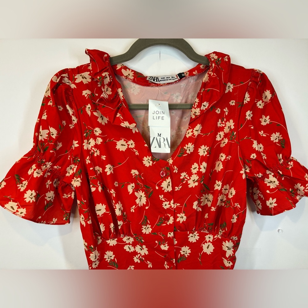 ZARA Red Floral Mini Dress Medium NWT Join Life V-neck Flutter Sleeve - Picture 2 of 8